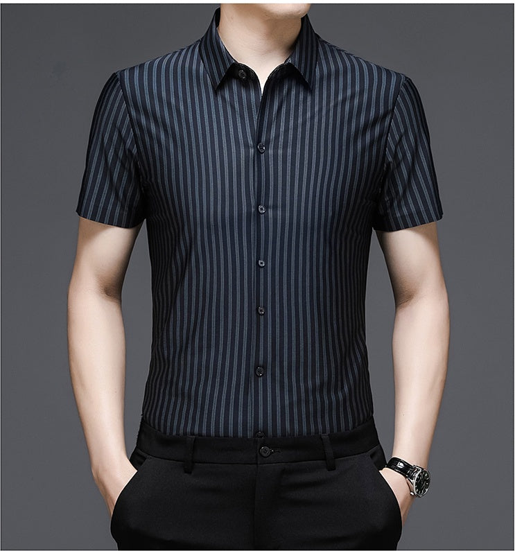 Brabora Woodpecker Silk Men’s Shirt Short Sleeve Vinylon Summer Top for Middle-Aged Men