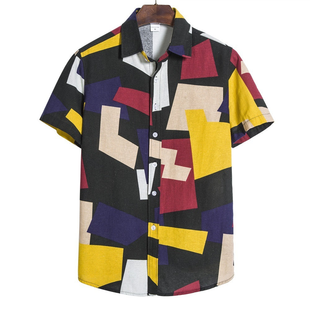 Brabora Men’s Geometric Print Shirt Loose Fit Cotton Blend Short Sleeve Casual Top