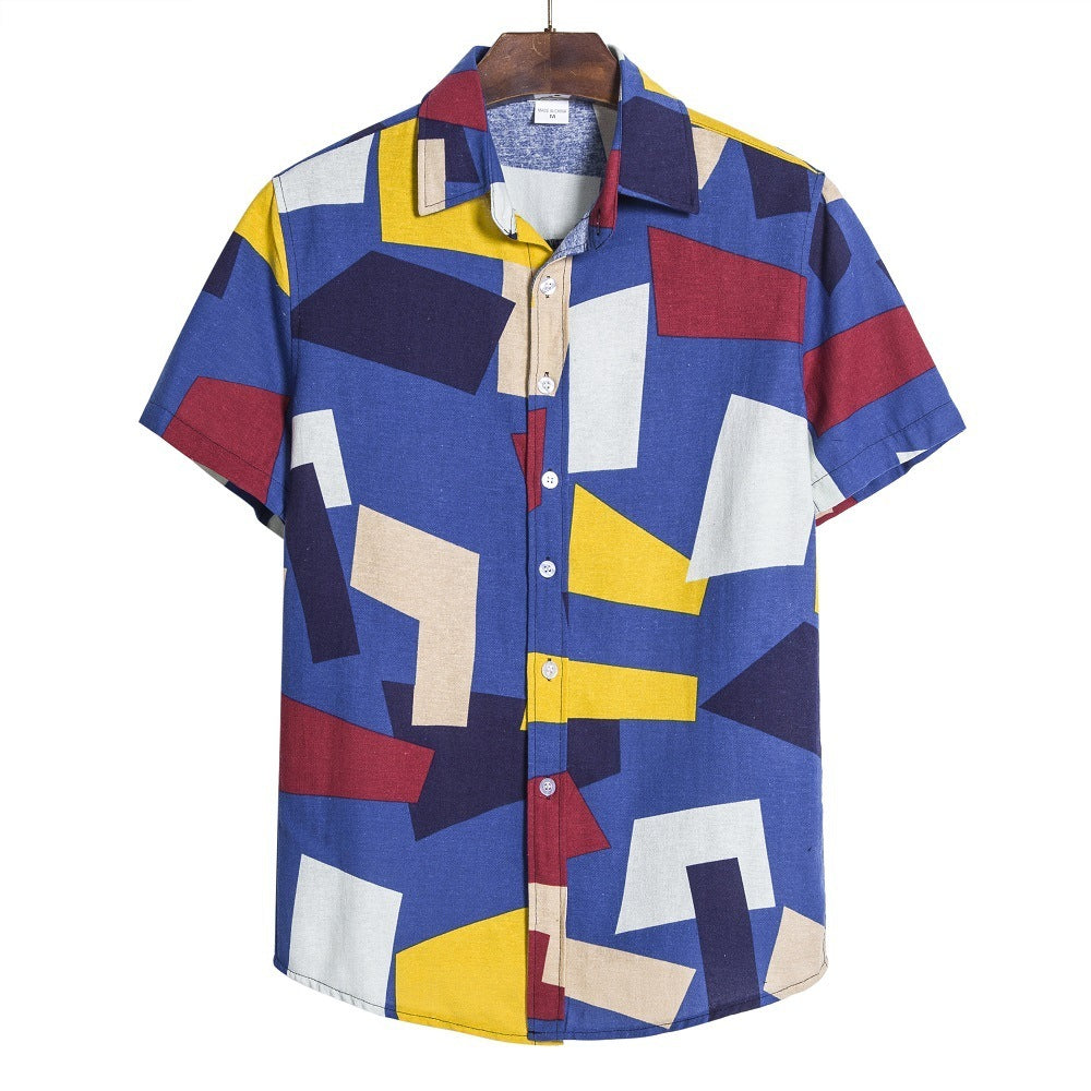 Brabora Men’s Geometric Print Shirt Loose Fit Cotton Blend Short Sleeve Casual Top