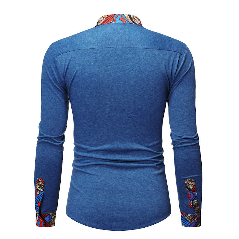 Brabora Men’s African Style Shirt Long Sleeve Color-Block Polyester Casual Top