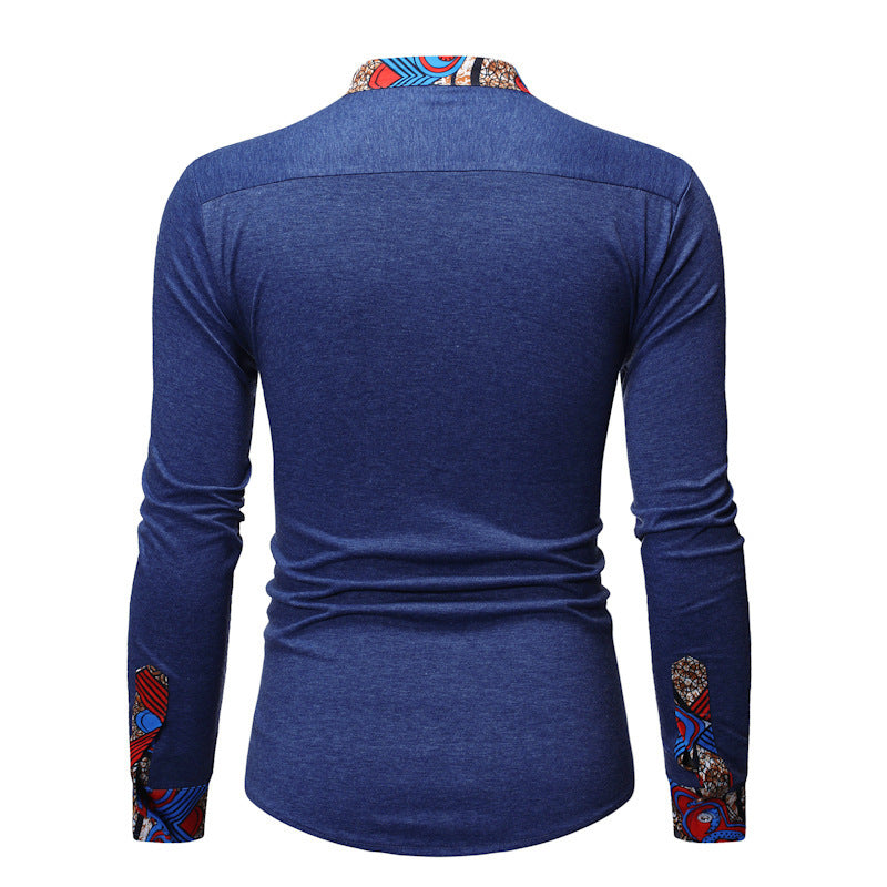 Brabora Men’s African Style Shirt Long Sleeve Color-Block Polyester Casual Top