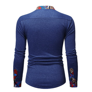 Brabora Men’s African Style Shirt Long Sleeve Color-Block Polyester Casual Top