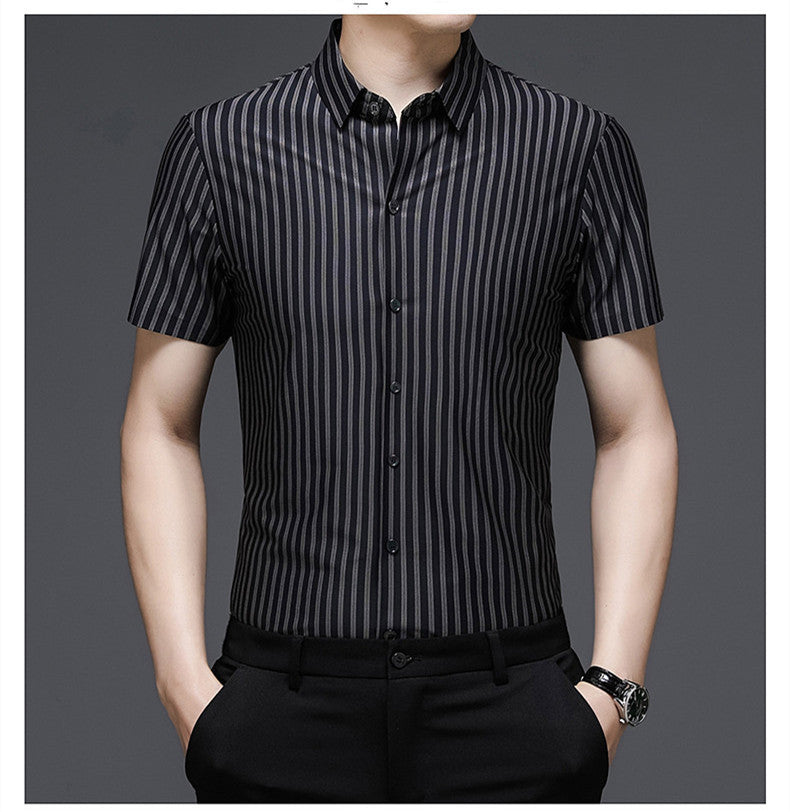 Brabora Woodpecker Silk Men’s Shirt Short Sleeve Vinylon Summer Top for Middle-Aged Men