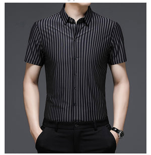 Brabora Woodpecker Silk Men’s Shirt Short Sleeve Vinylon Summer Top for Middle-Aged Men