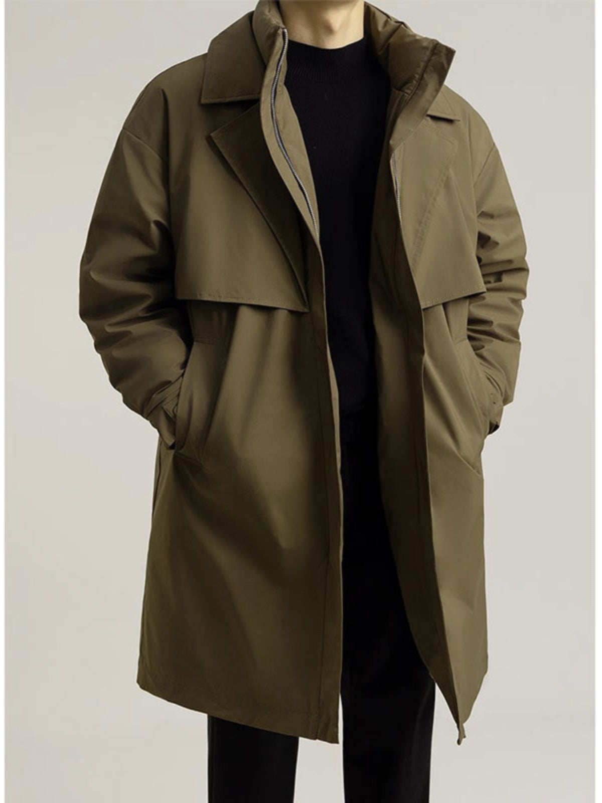Brabora Men’s Winter Trench Coat Korean Style Mid-Length Cotton Lapel Overcoat