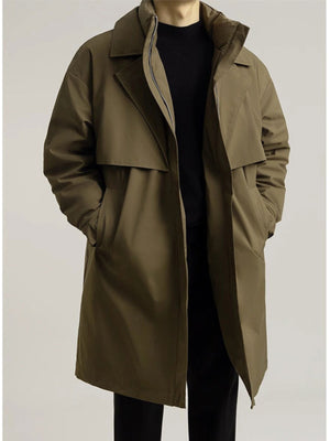 Brabora Men’s Winter Trench Coat Korean Style Mid-Length Cotton Lapel Overcoat