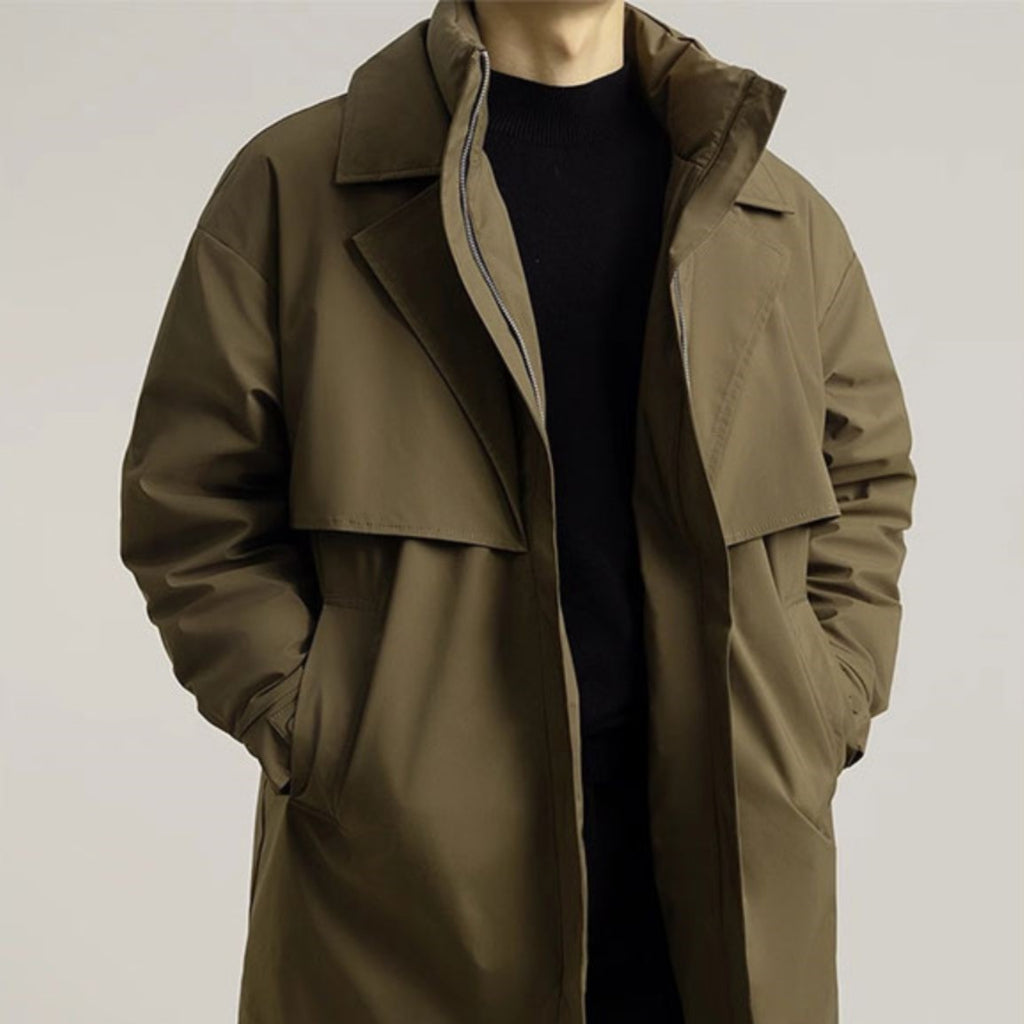 Brabora Men’s Winter Trench Coat Korean Style Mid-Length Cotton Lapel Overcoat